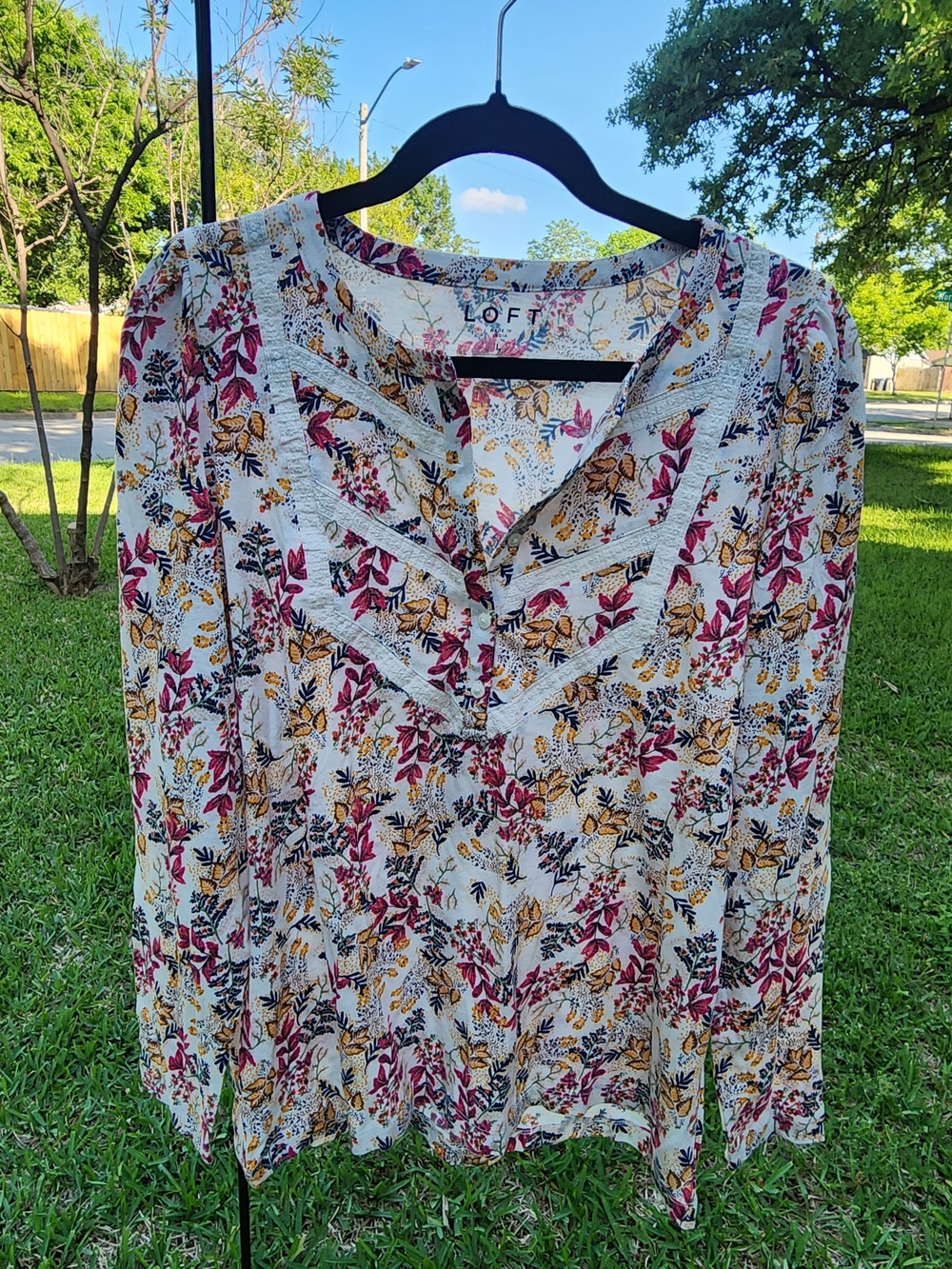 LOFT White Floral Button-Front Top with Pink and Mustard Print